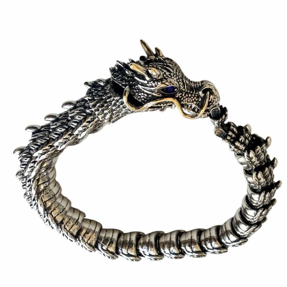 Men’s Dragon Bracelet Silver Tone with Blue Stone Eyes